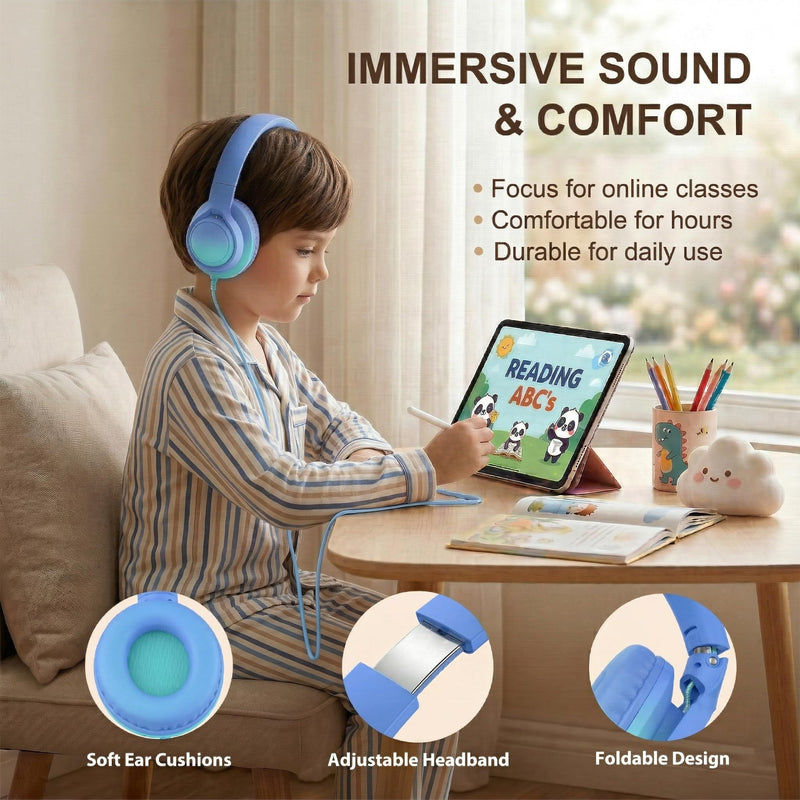 Kids Wired Headphones, 85/94dB, Mic, USB-C Adapter, Sky Blue | 85/94dB volume control, foldable over-ear design, built-in mic, 3.5mm jack, and USB-C adapter for school and travel. Gradient Sky Blue & Teal