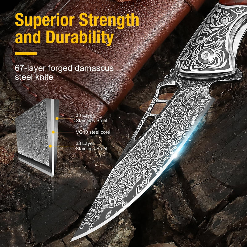 DRACHENADER Damascus Pocket Knife for Men with Clip and Leather Sheath, Handcrafted 67-Layer Damascus Steel Folding knife, Wood Handle, Ideal Gift for Father & Collector 3.4"