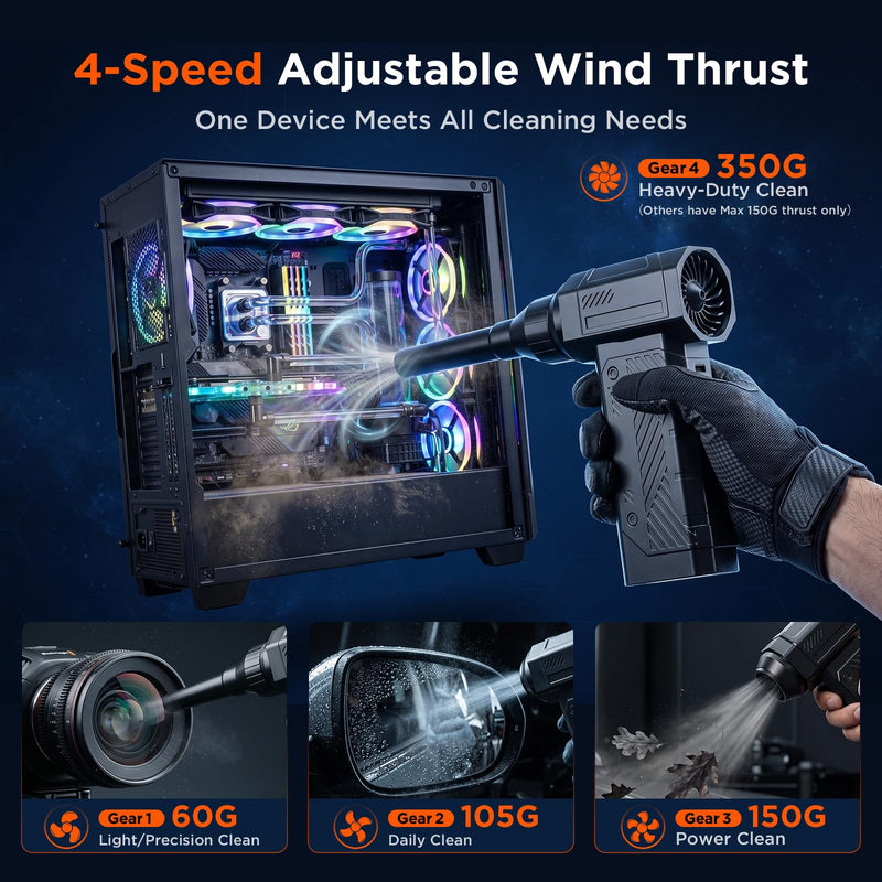 Compressed Air Duster, 350g High-Thrust Air Blower for PC Cleaning | Deep Cleaning,Rechargeable,4-Speed Adjustable,LED Light,110K RPM,Hurricane-Force,for Computer Keyboard, House, Outdoor, Car Black