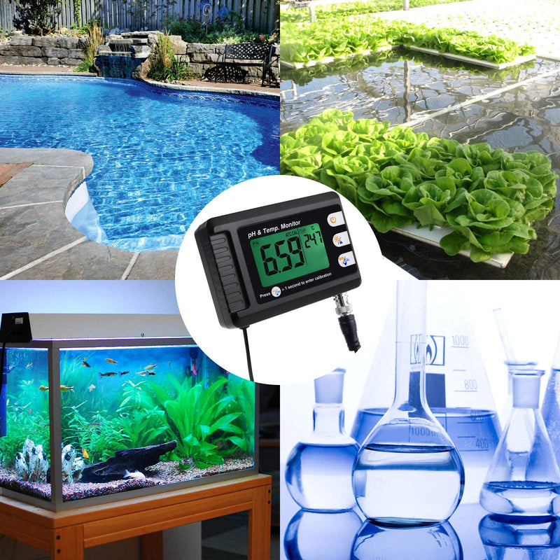 2 in 1 Temperature pH Monitor Meter Tester Sensor test Kit 0~14.0 pH Automatic Buffer Recognition BNC electrode Probe for Hydroponics Aquarium Lab Testing Food Drinking Water pH of saltwater/seawater