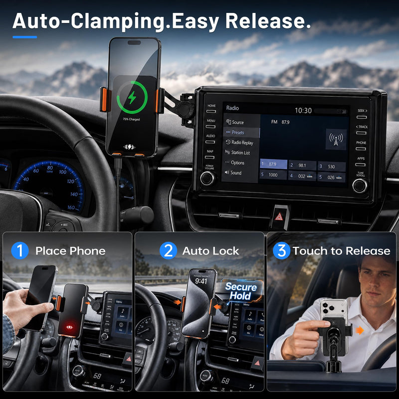 Car Phone Holder for 2019-2026 Toyota Corolla/Corolla Hatchback & 2022-2026 Corolla Cross Accessories, 8-Inch Screen Phone Mount with Up to 15W Fast Wireless Charging, Auto-Clamping, 360° Rotation