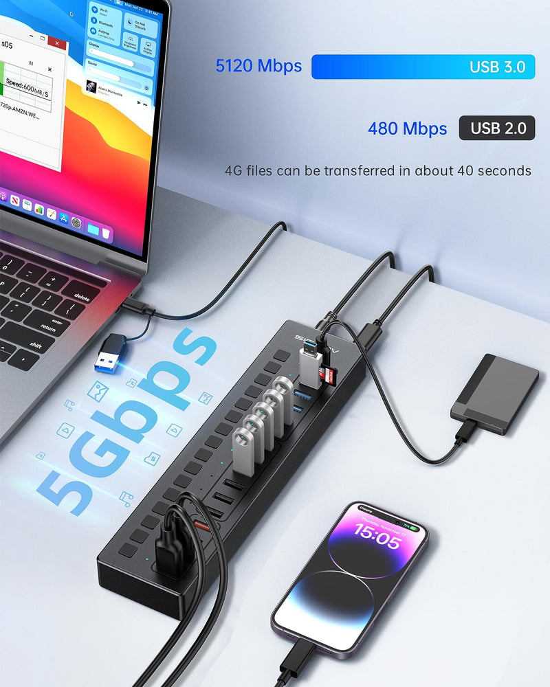 Powered USB 3.0 Hub, ACASIS 16 Port USB Hub Powered(Include 2*USB C 3.0+4 Smart Charging Port) with 60W Power Adapter, Support Wall Mount, USB Hub for PC Laptop, Mac, Printer, Camera 16 ports