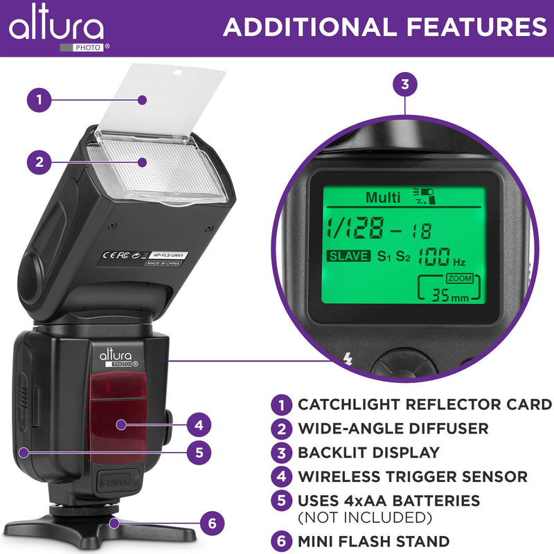 Altura Photo Camera Flash with LCD Display, Universal Speedlite for DSLR | Standard Hot Shoe for Canon, Sony, Nikon, Panasonic & Mirrorless