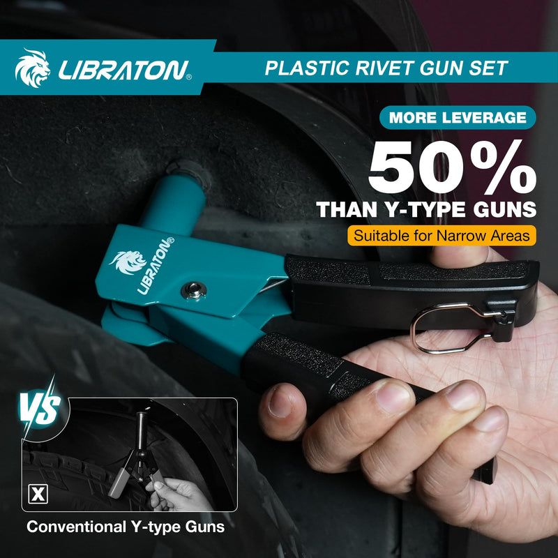 LIBRATON Plastic Rivet Gun Kit, 90 Degree Angle Hand Riveter with 40 Nylon Rivets (4 Sizes), Universal Nosepiece for Automotive/Electronics, Ergonomic & 50% Lighter Force