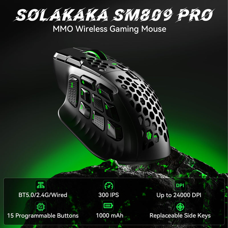 SOLAKAKA SM809 Pro Tri-Mode MMO Gaming Mouse, 16 Programmable Buttons with Interchangeable Magnetic Side Panels,PAW3311 24000 DPI Wireless Mouse, BT5.0/2.4G/Type C Wired PC Gaming Mice for Gamer,Black Black