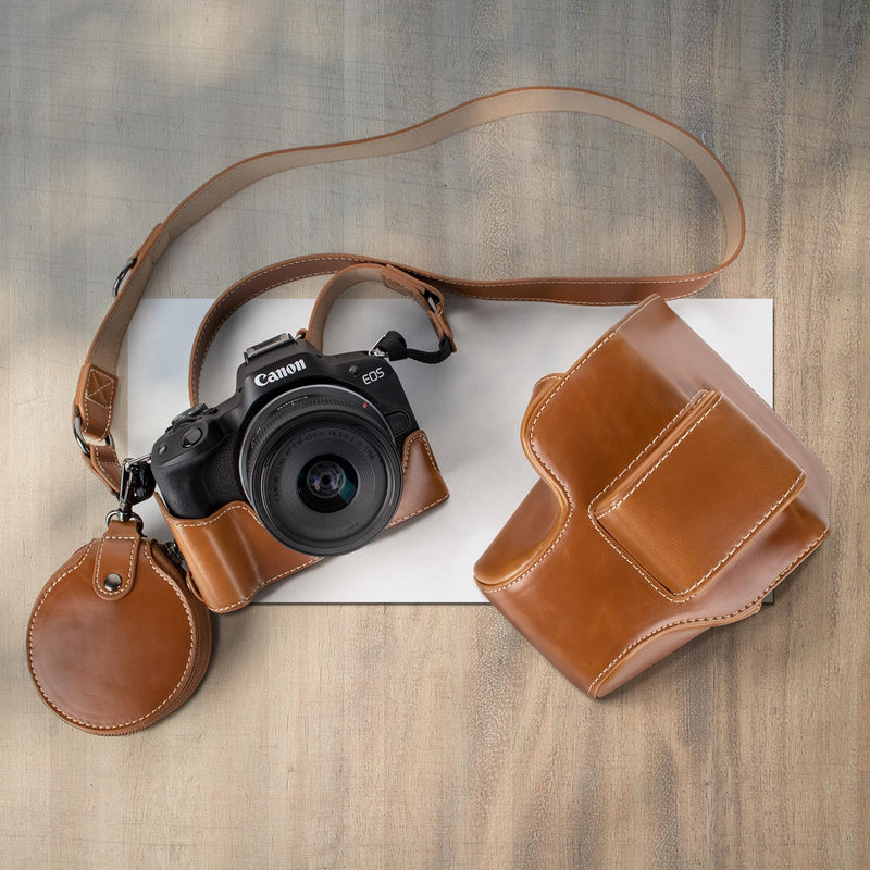 MUZIRI KINOKOO Protective Case for Canon EOS R50/R100 Camera and 18-45mm Lens, PU Leather EOSR50 R100 Camera Bag Including Half Case, Flip Cover, Shoulder Strap and Storage Pocket - Brown