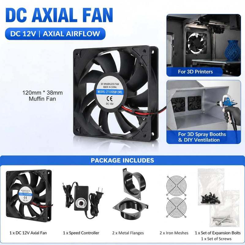 4" Axial Exhaust Fan, DC12V Air Fume Smoke Extractor | 120*38mm Muffin Fan, 3000RPM, AC Dimmer, 4inch Metal Flanges, DIY Kit for Soldering, 3D Laser, Paint Booth Metal Black Fan (Variable Speed) - DC Powered