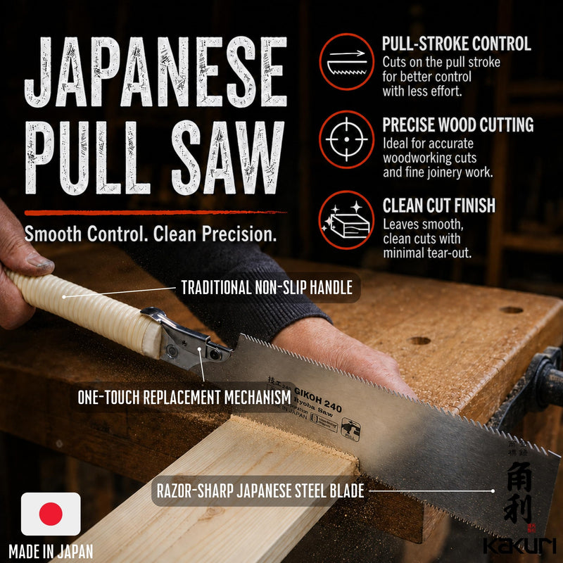 KAKURI Japanese Pull Saw 9.5" for Woodworking - Ryoba Double Edge Hand Saw with Blade Cover, Cane-Wrapped Handle, Tool-Free Blade Replacement - Made in Japan Japanese Pull Saw 9-1/2"