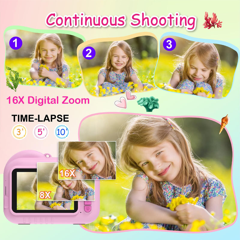 Kids Camera Instant Print, 3.5 Inch Screen Kids Digital Camera Instant, Christmas Birthday Gifts for Girls Age 3-12, Portable Toddler Camera Toy Gifts for 3 4 5 6 7 8 9 10 Year Old Girls Boys (Rose) Rose