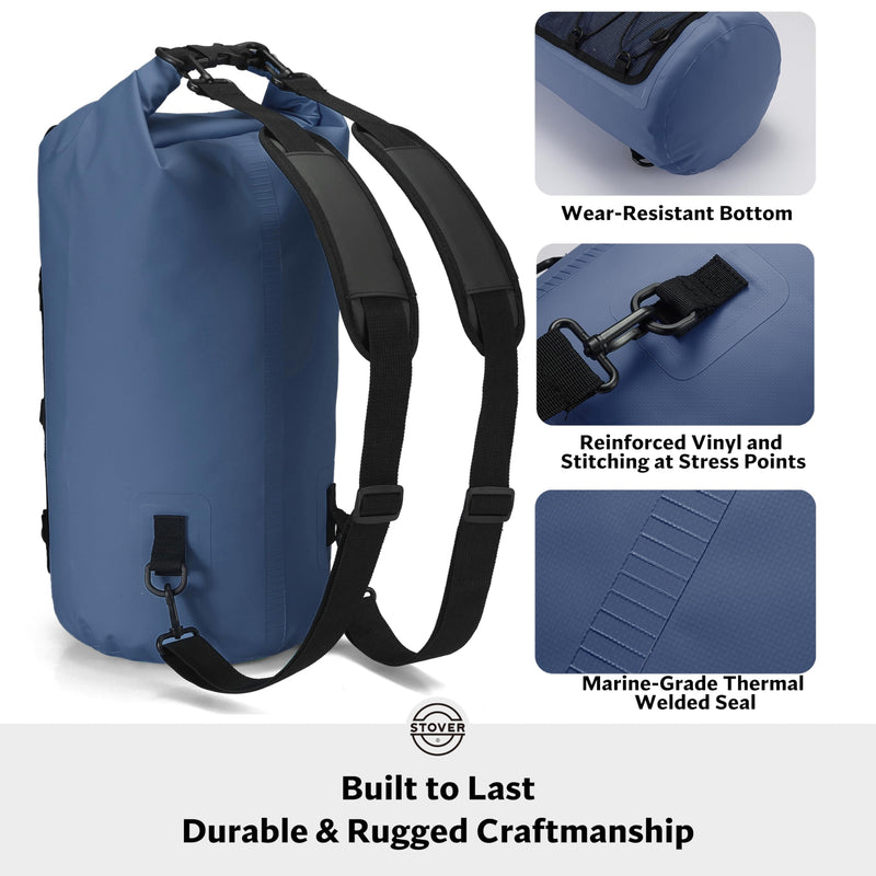 STOVER 5/10/25/30/40/55L Waterproof Dry Bag- Roll-Top Backpack w/Phone Case- Kayaking, Hiking, Camping, Boating- Men/Women 30l Navy Blue (With Phone Case)