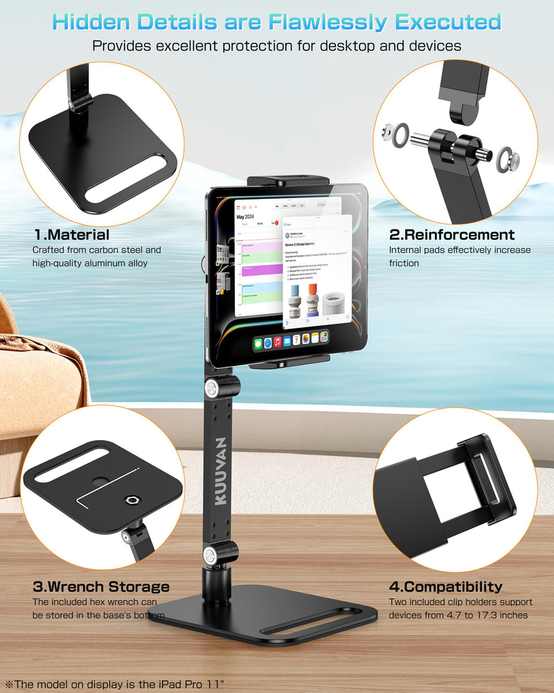 Tablet Stand Holder for iPad, Portable Monitor Stand Holder 15.6'',17.3'', Aluminum Alloy Foldable Arm Mount with 360° Swivel Desk Mount Compatible with 4.7-17.3inch Tablet, Cell Phone (Black) Black