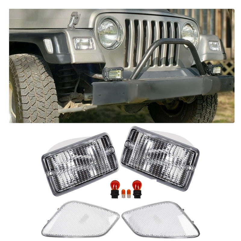 ECOTRIC Clear Bumper Signal + Fender Side Marker Lights Combo Compatible with 1997-2006 Jeep Wrangler TJ Turn Signal Parking Lights Replacement for 55055020AC 55055020AD