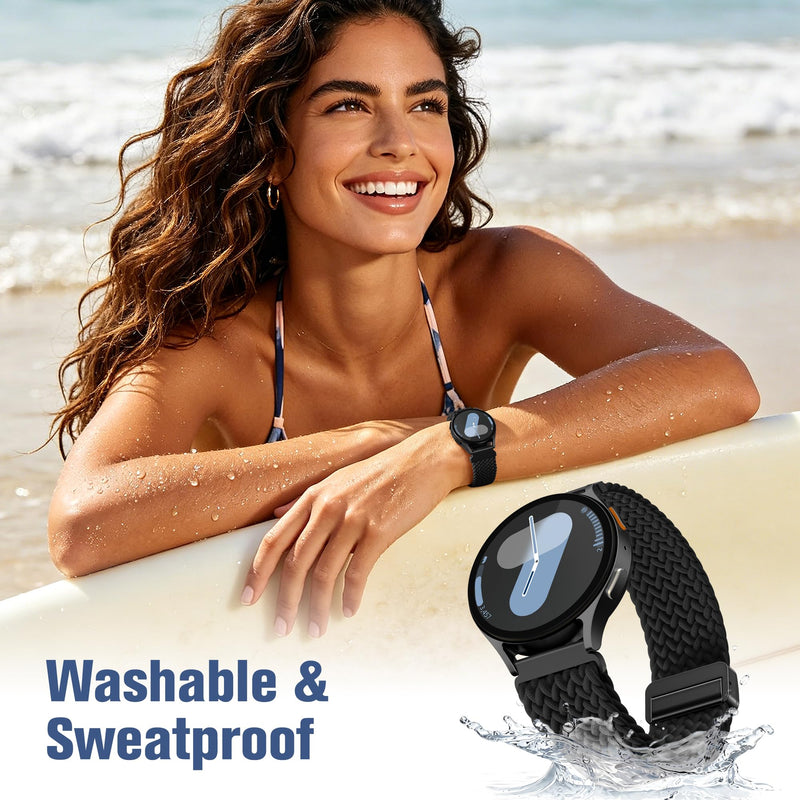 One Click Magnetic Band for Samsung Galaxy Watch 7 6 4 5 Watch 6 4 Classic | 20mm Braided Bands for Samsung Watch Band Women Men, Stretchy Nylon Sport Strap for Galaxy Watch 7 Band 6 4 5/5 Pro/FE Black One Size