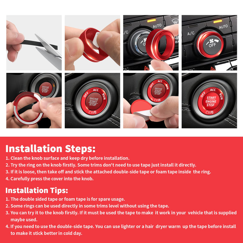 Interior Accessories for Dodge Durango 2021-2025, 6pcs Aluminum Alloy Trim Set - Push Start Button Cover/Ring, A/C, Volume Tune, Headlight Switch Knob Covers (Red) Red