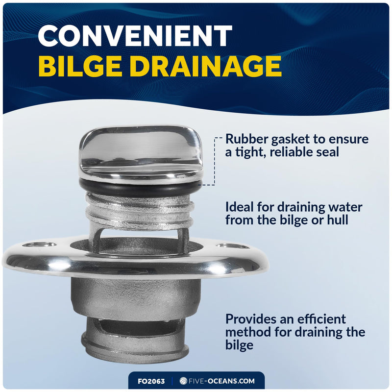Five Oceans Kayak Drain Plug - Boat Plug, Stainless Steel, Silver, 1-1/4-Inch Transom Hole, Oval Shape, Thread with Rubber Washer Gaskets - FO2063