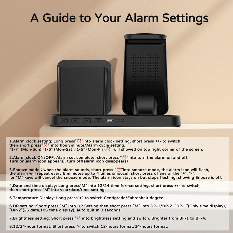 5 in 1 Wireless Charging Station with Alarm Clock Pen Holder, Fast Wireless Charger for iPhone 17/16/15/14/13/12/Pro/Max/Air, for iWatch & AirPods, Charger Stand with Temperature, Snooze Model Black