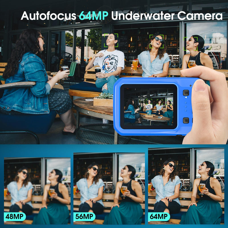 4K Underwater Camera, 64MP 16FT Compact Waterproof Camera with 16GB Card | Floatable Digital Camera, 16X Digital Zoom, Auto Focus, Fill Light, 650mAh Battery, Ideal for Travel, Surfing, Swimming Blue