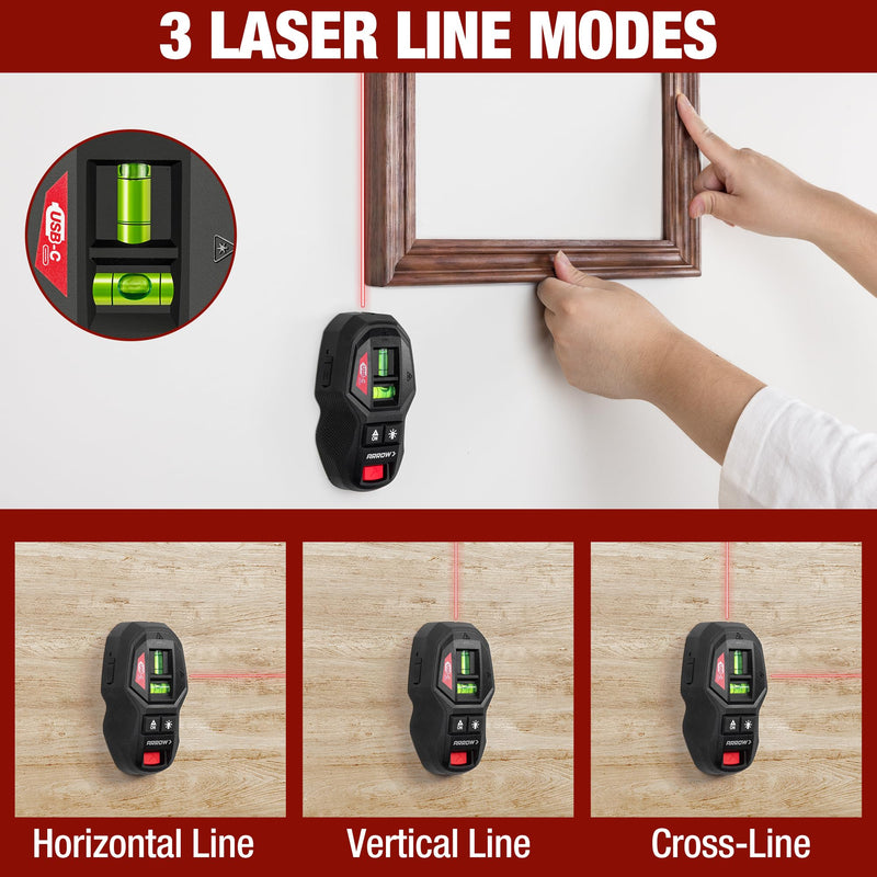 ARROW 2-in-1 Laser Level with Magnetic Stud Finder, Rechargeable Wall Scanner for Wood & Metal, Cross Line Laser with Bubble Vials for Accurate Markings, Ideal for Hanging Frames & Pictures