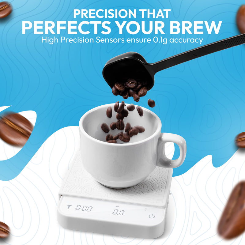 Mini Coffee Scale with Timer – Digital Barista Weight Scale with Designer-Patterned Tamper Mat, 0.1g High Precision, Portable & Rechargeable for Espresso, Pour Over, Drip, and Kitchen Brewing Use White
