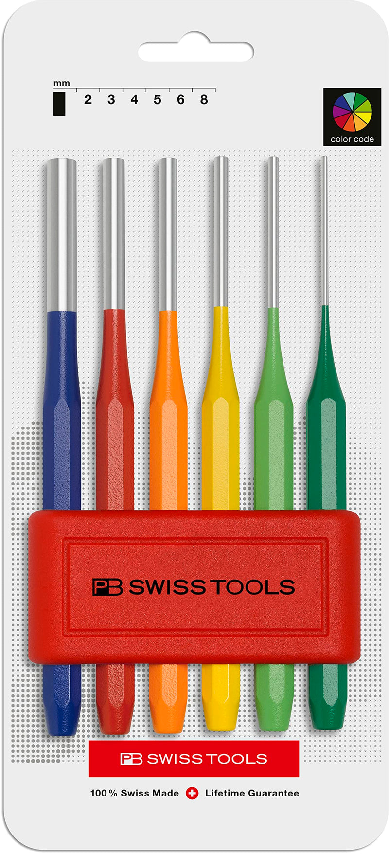 PB Swiss Tools Pin Punch Set PB 755.BL RB CN | 100% Swiss Made | 6-Piece Drift Punch Set RainBow Color Coded, in Practical Holder