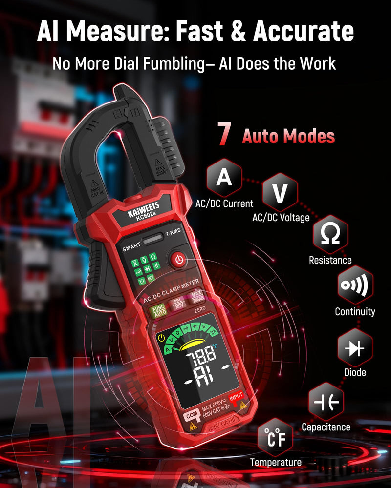 KAIWEETS Smart Digital Clamp Meter, 2026 Intelligent Auto Ranging Multimeter 600A TRMS 6000 Counts, NCV, Inrush, Auto Measure AC DC Voltage/Current Continuity Temperature Resistance Capacitance Diode