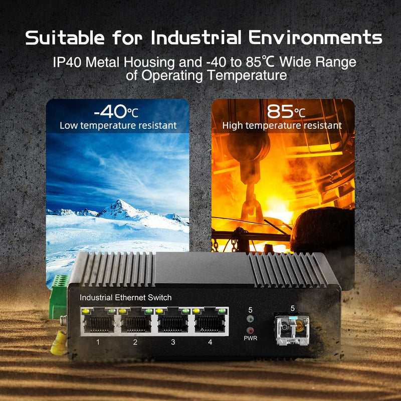 5 Port Gigabit PoE Industrial Switch, IEEE802.3af/at Ethernet, 1 SFP Port with 20km LC Module, IP40 Aluminum Alloy -40~75°C(-40~185°F), Din Rail and Wall Mount Kit, with 60W Power Supply 5 Port Gigabit PoE