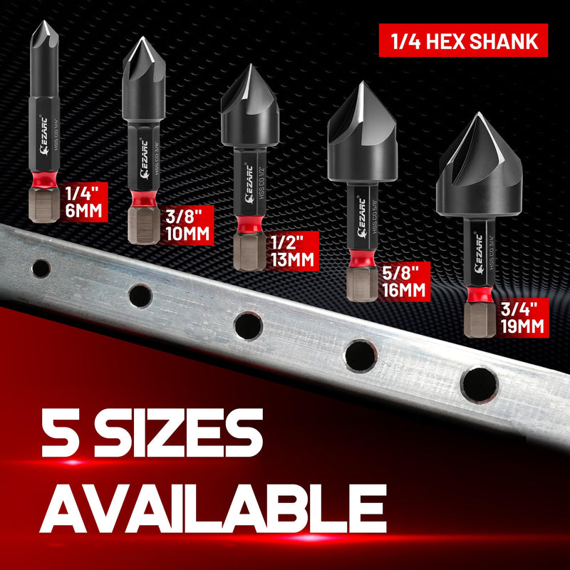 EZARC Countersink Drill Bit Set for Hard Metal, Titanium Aluminum Nitride Coated Counter Sink Drill Bit with 1/4" Hex Shank, 82 Degree 5 Flutes Design, 1/4” 3/8” 1/2” 5/8” 3/4”, 5PCS with Storage Box