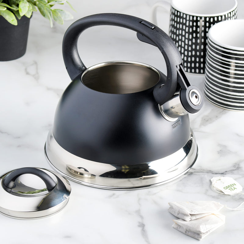 Mr. Coffee Flintshire 1.75-Quart Stainless Steel Whistling Tea Kettle with Nylon Handle – Matte Black Stove-Top Kettle for Boiling Water 1.8 Quarts