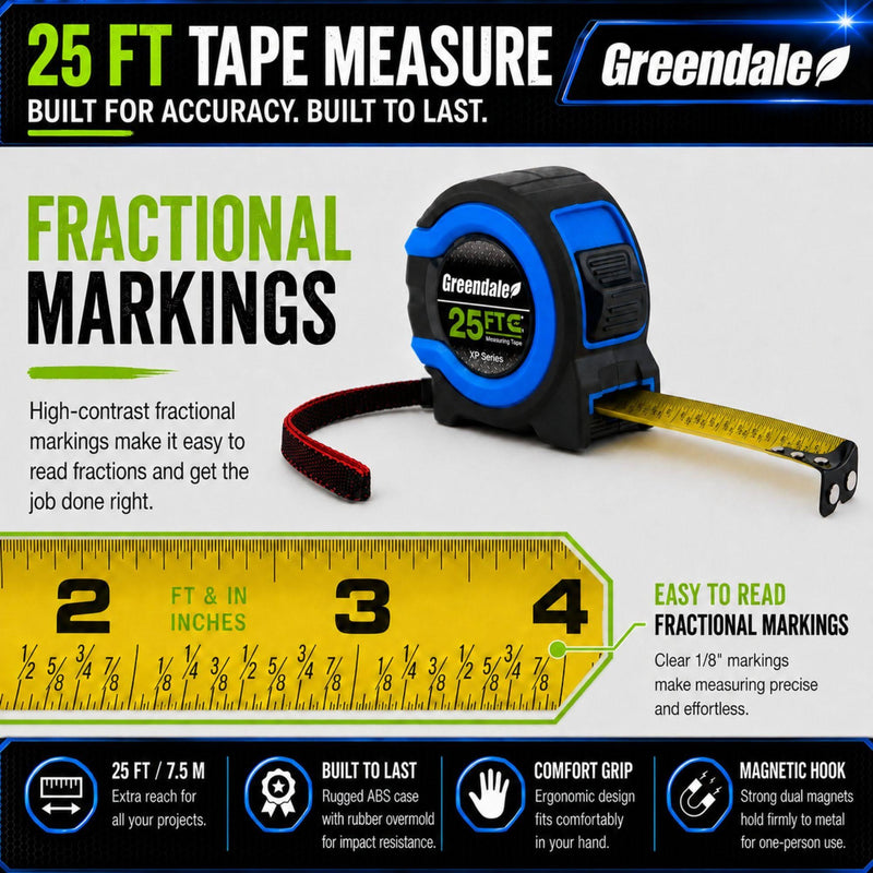Greendale – 3 Pack Tape Measures 25 ft – Easy-Read Fractions, Magnetic Tip, Quick-Lock & Auto-Retract – Heavy-Duty Measuring Tape with Belt Clip – Blue 25ft