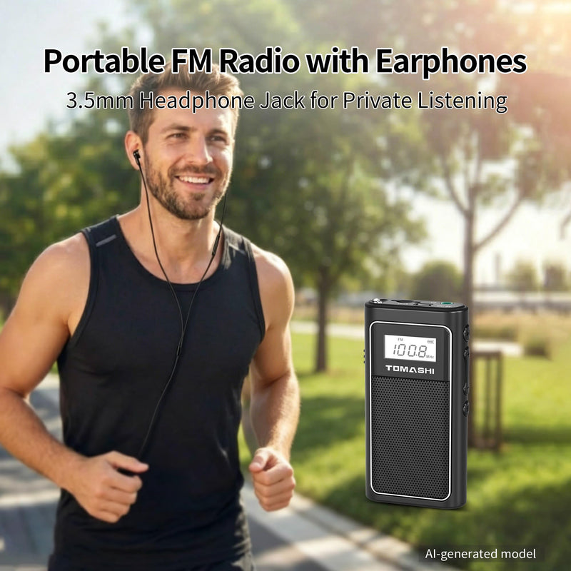 TOMASHI Portable FM Auto Scan Radio, USB-C Rechargeable Pocket Radio | Auto scan FM radio with digital display, speaker and MP3 player. Includes stereo earphones for home, travel and outdoor use.