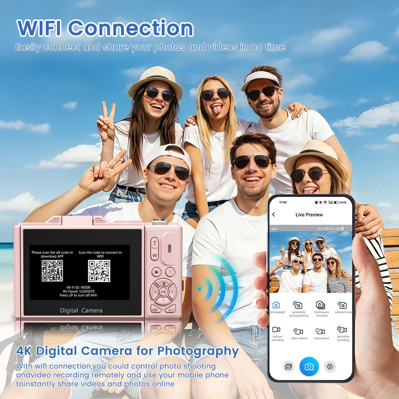 4K Digital Camera for Photography,64MP Vlogging Camera for YouTube(Pink) | 3" 180°Flip Screen, 18X Digital Zoom,WIFI,Autofocus Compact Camera with Flash,32GB TF Card & 2 Batteries Pink
