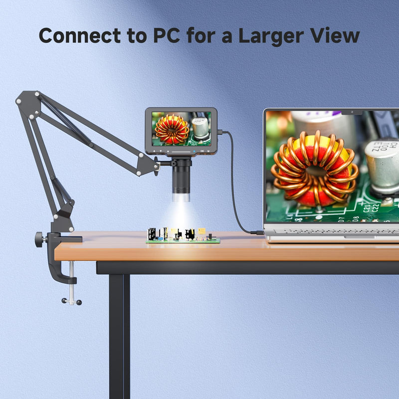 5" LCD Digital Soldering Microscope with Flexible Stand, 1000X Magnification for Electronics Repair & Coins, 1080P PC View, 8 LEDs (Micro SD Card Not Included)