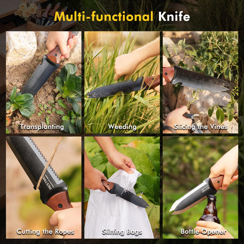 Restmo Professional Hori Hori Garden Knife with Sheath, Heavy Duty High-Strength Stainless Steel Blade & Dual-Tip Weeding Design, Full-Tang Construction with Depth Gauge for Gardening & Farm Use Double Head 2.2 Inch