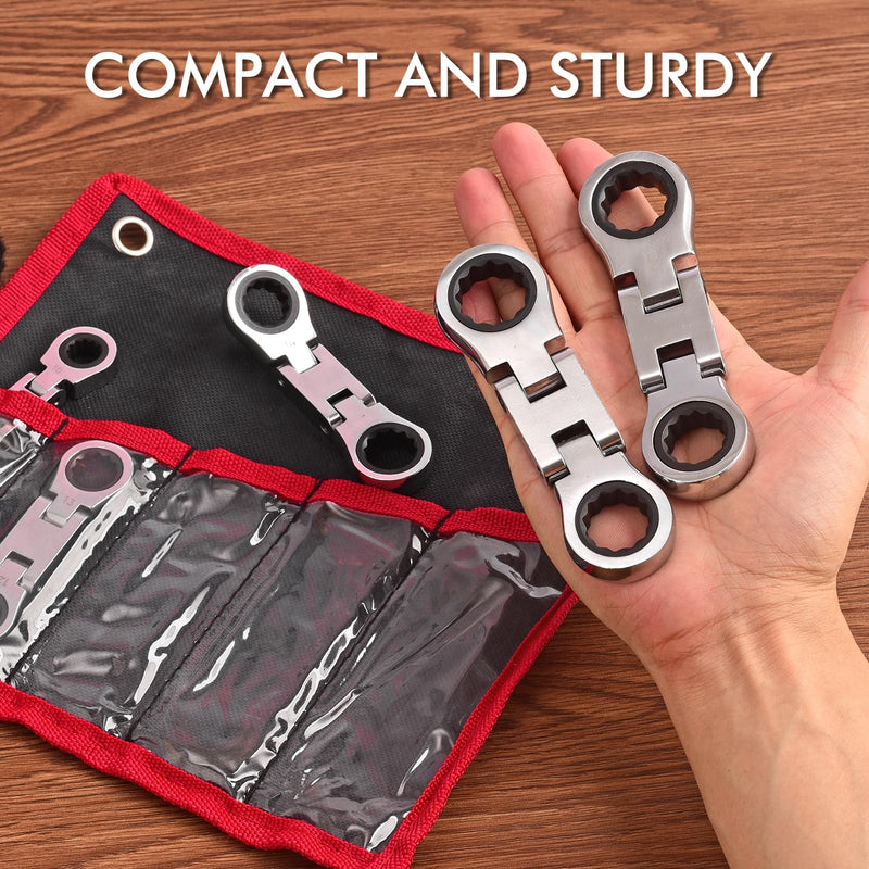 Stubby Wrenches Set, Flex Head Ratcheting Wrench Set Double Box End Ratchet Wrench 1/4 to 13/16 inch 5 Pieces SAE (SAE)