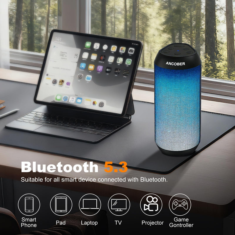 Portable Bluetooth Speaker, Powerful HD Stereo Loud/30H Playtime/IPX4 Waterproof for Outdoor Home/8 Dynamic Lights/Wireless BT 5.3/AUX, Travel|Camping|Beach Essentials, School Supplies, Birthday Gifts Black