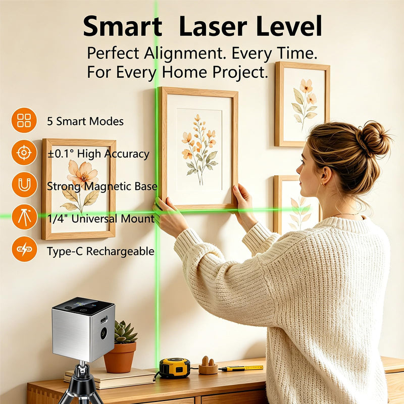 5-in-1 Digital Laser Level with Tripod, Magnetic Base & USB Rechargeable, Mini Angle Finder & Protractor, ±0.1° High Precision Cross Line Laser, Green/Red Beam for Picture Hanging,Tiling & DIY Grey