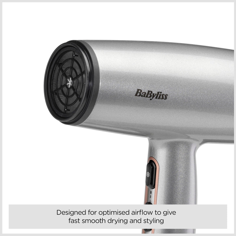 BaByliss Cosmos Compact Lightweight Hair Dryer - 2100W Powerful Sleek Blow Dryer, Diffuser, Ionic Frizz-Free Conditioning, 3 Heat & 2 Speed Settings, Silver, D580DU