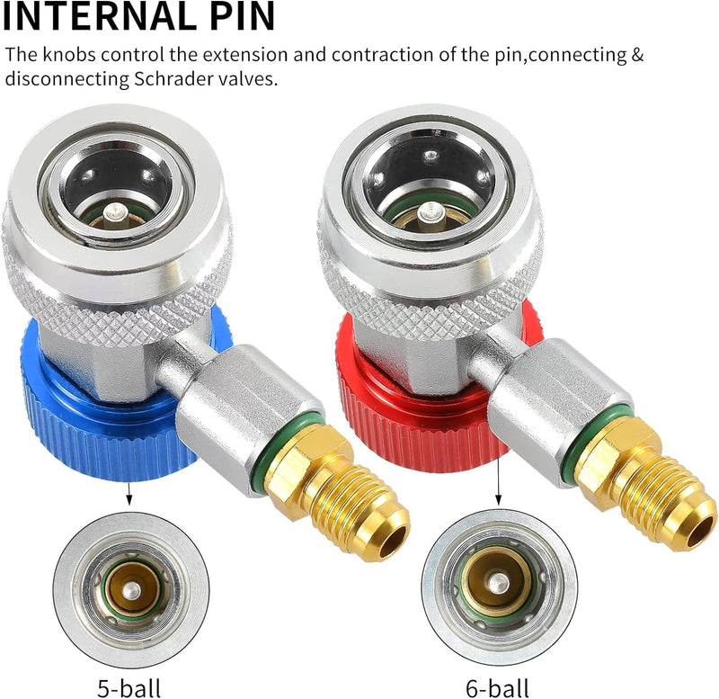R134a Quick Coupler Adapter, Adjustable R134a Adapters and AC Hose Fittings, HP and LP Connectors for R134a Car AC System Evacuation Recharging and More, 1/4" Flares,2 Set