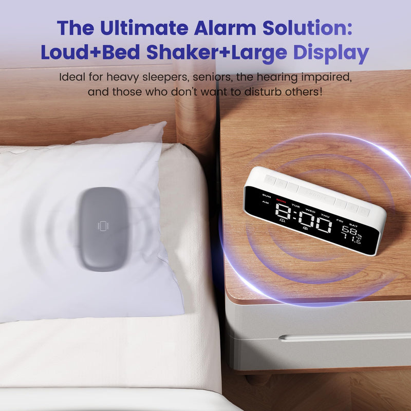 Dekala Bed Shaker Loud Alarm Clock for Heavy Sleepers Adults, Vibrating Dual Alarm Clocks for Bedrooms, Large Display Auto Dimmer,Temperature & Humidity Detect, 7-Day Programmable, Ideal Gift