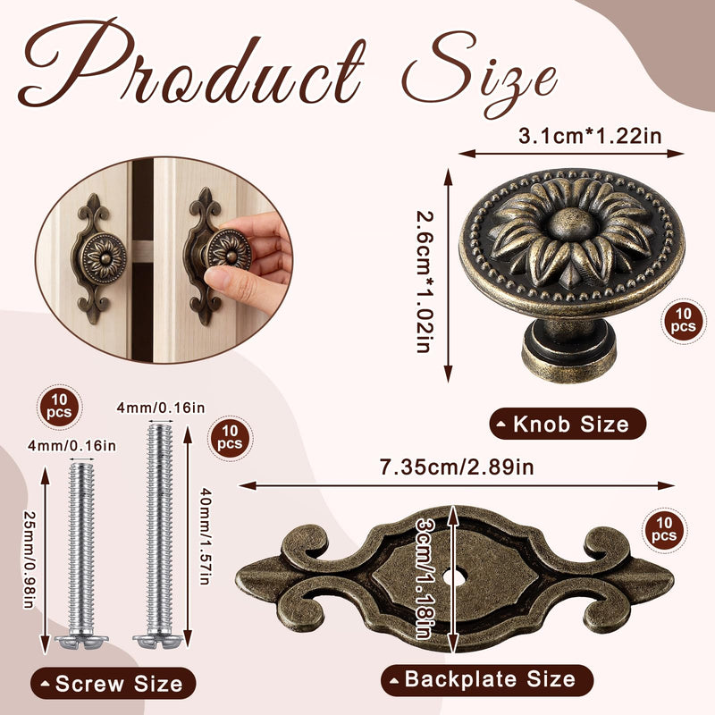 10 Pcs Antique Brass Cabinet Knobs Vintage Retro Drawer Knobs with Backplate Flower Shape Metal Dresser Pull Handles for Kitchen Cupboard Wardrobe Cabinet(Sunflower) Sunflower
