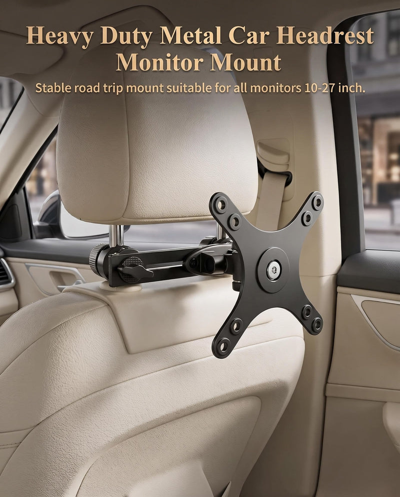 Heavy Duty Metal Car Headrest Monitor VESA Mount, Universal Car Headrest Mount for 15.6‘’ Portable Monitor, Adjustable Backseat Gaming Holder for 10–27 Inch Screen, Stable Road Trip Stand for Kids