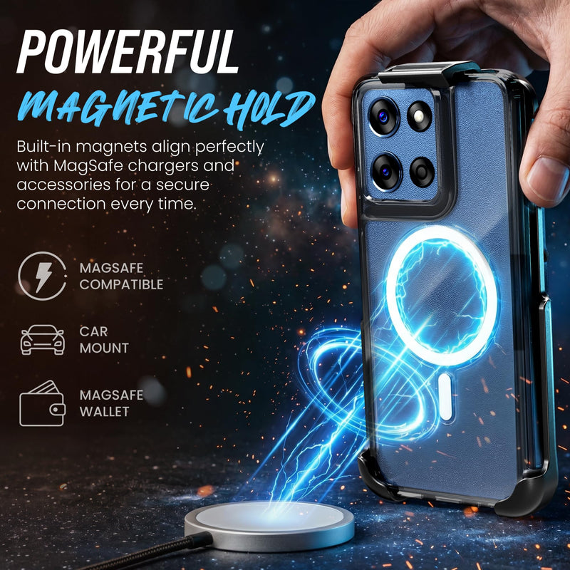 Designed for Moto G Power 2026 and 2025 Case with Belt Clip Holster | Transparent Full-Body Protective Cover with Built-in Magnet - Clear & Black Clear&Black