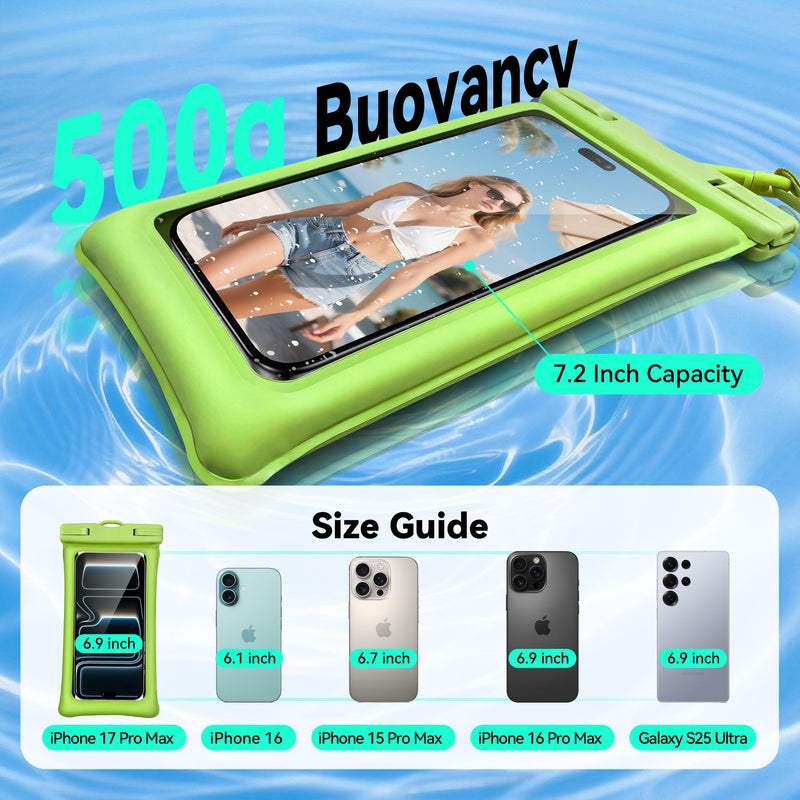 Floating Waterproof Phone Pouch 2 Pack - Dual Floatable Airbags Up to 7.2", IPX8 Waterproof Phone Dry Bag with Lanyard for Beach, for iPhone 17 16 15 Samsung Galaxy Etc., Black + Green