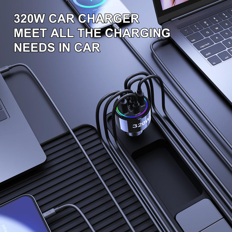 320W USB C Car Charger, 6 Ports Type C Car Charger | PD3.0/QC4.0/PPS Super Fast Charging for iPhone 17/16/15 Series, Galaxy S25/S24/23, iPad, MacBook Pro/Air, Laptop (Black) Black