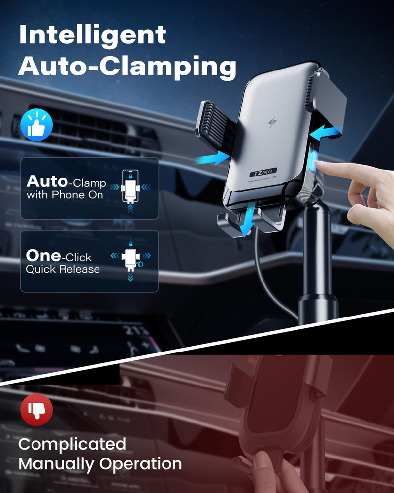 Auto-Clamping 15W Wireless Car Charger Cup Holder Mount | Auto-Clamping 15w Wireless Car Charger Cup Holder Mount for iPhone, Samsung Galaxy And Google Pixel Smartphones