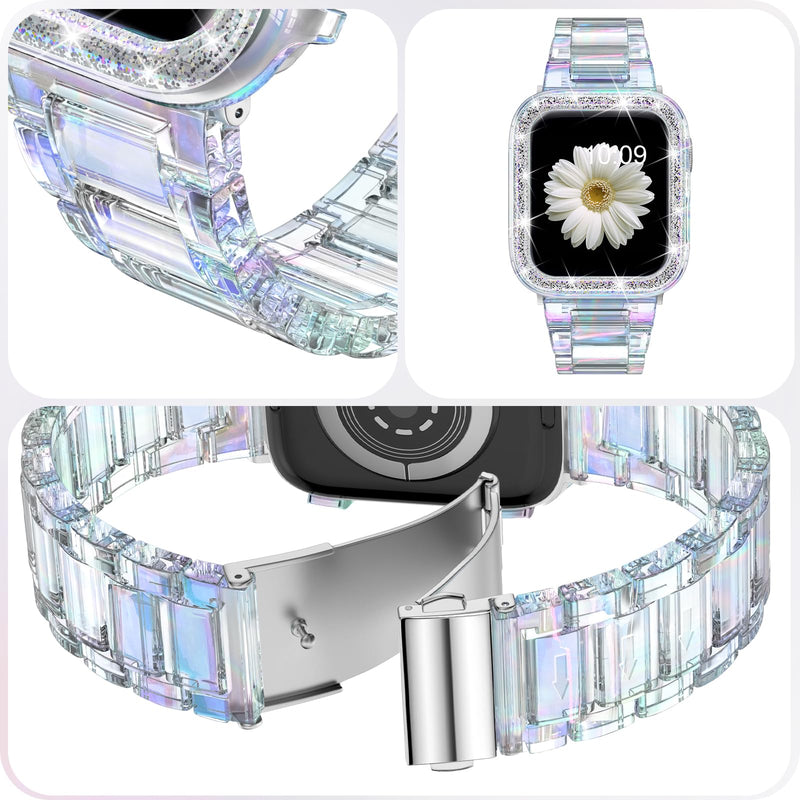 DABAOZA Compatible for Clear Apple Watch Band with Case, Women Girl Resin Lightweight Sport Strap Glitter Bling Bumper Cover with Stainless Steel Buckle for iWatch Band SE Series9/8/7/6/5/4/3/2/1 Colorful Clear 45mm/44mm/42mm