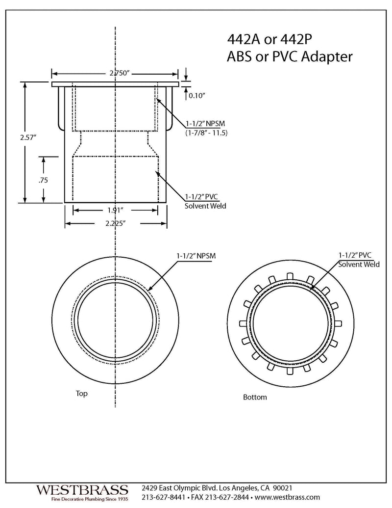 Westbrass 442P-2 1-1/2" NPMS Thread x 2-1/2" Straight Tub Drain Adapter with Slip Inlet, Sch 40 PVC White (2-Pack) 2 Pack