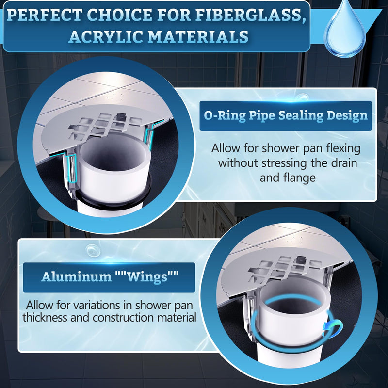 Shower Drain Replacement for Fiberglass & Plastic Shower Pans, Installs from Top Only, Chrome Fit for 4"- 4 1/2" Drain Flange & 2" ABS, PVC, Galvanized Steel & Cast Iron Drain Pipes (Brushed Nickel) Brushed Nickel
