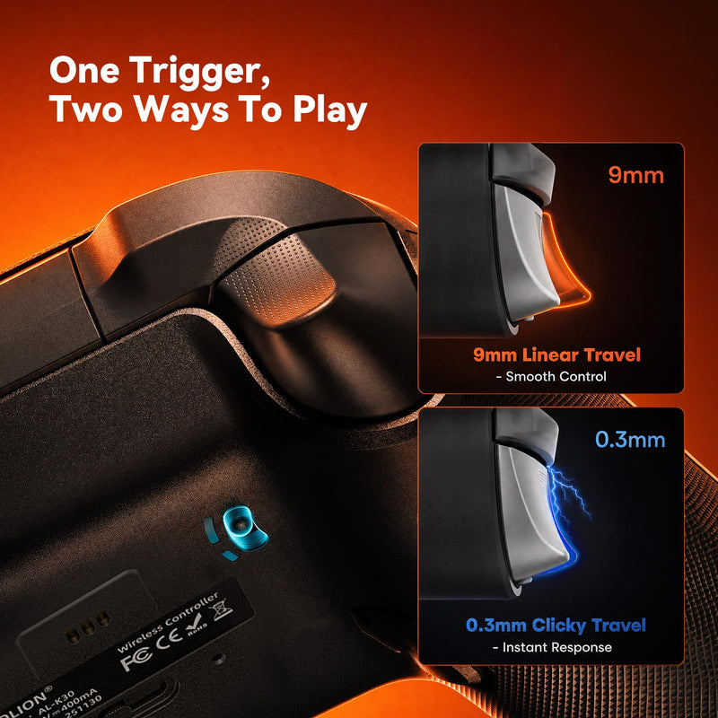 Aolion gaming K30 TMR Wireless Gaming Controller for Switch, PC, iOS & Android, TMR Joysticks (No Drift), Hall Effect Triggers, Switchable ABXY Buttons, Back Buttons & RGB Lighting Black