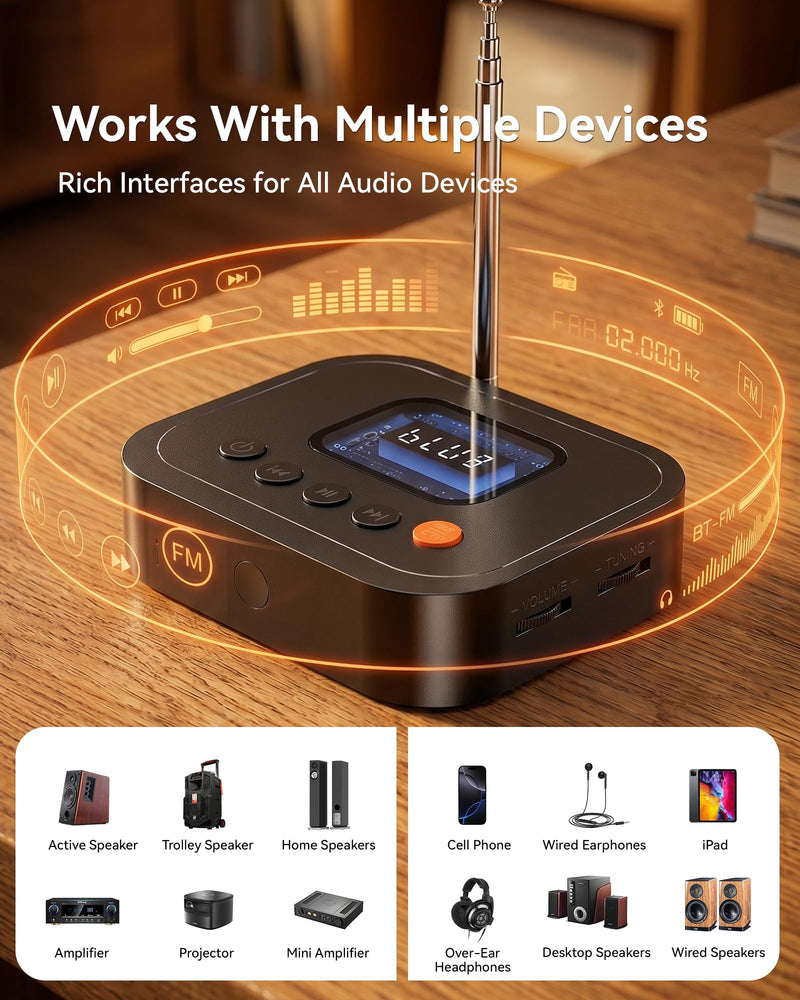 Bluetooth 6.0 Audio Receiver, 3-in-1 Wireless Adapter with FM Radio, U-Disk Playback, HD LED Display, Remote Control, Dual Output, Long Battery, Wireless Upgrade for Home Amplifier & Wired Speakers